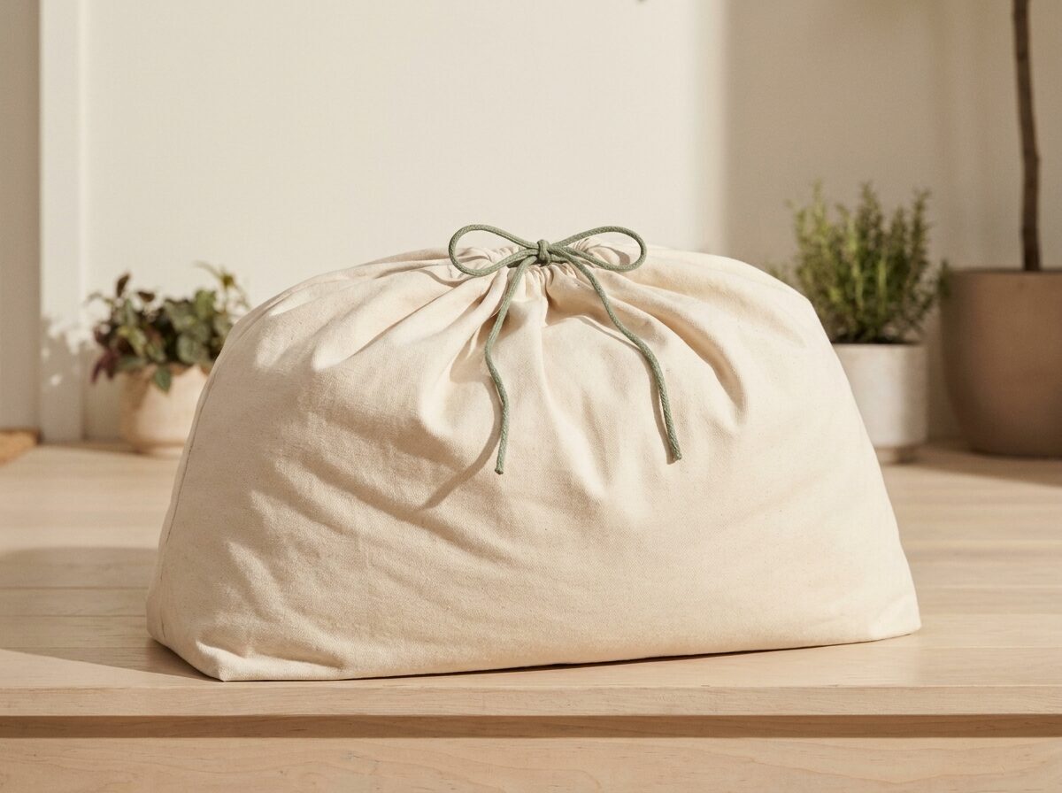 A laundry bag set by the front door