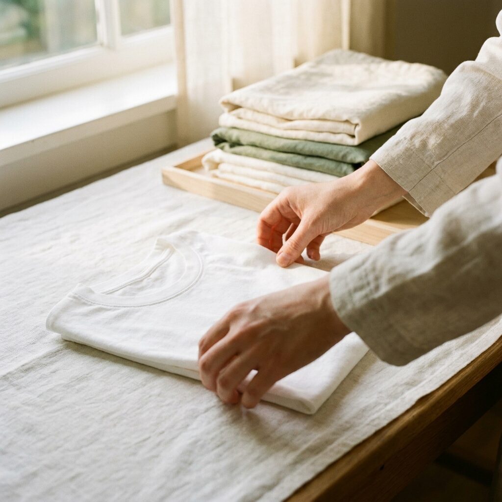 Neatly folded stacks of laundry