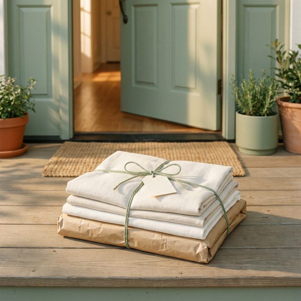 Delivered laundry hanging on a door